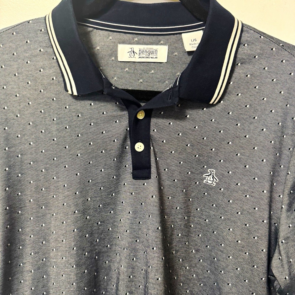 Original Penguin Munsingwear Men's L Gray/Navy/White Geometric Golf Polo Logo